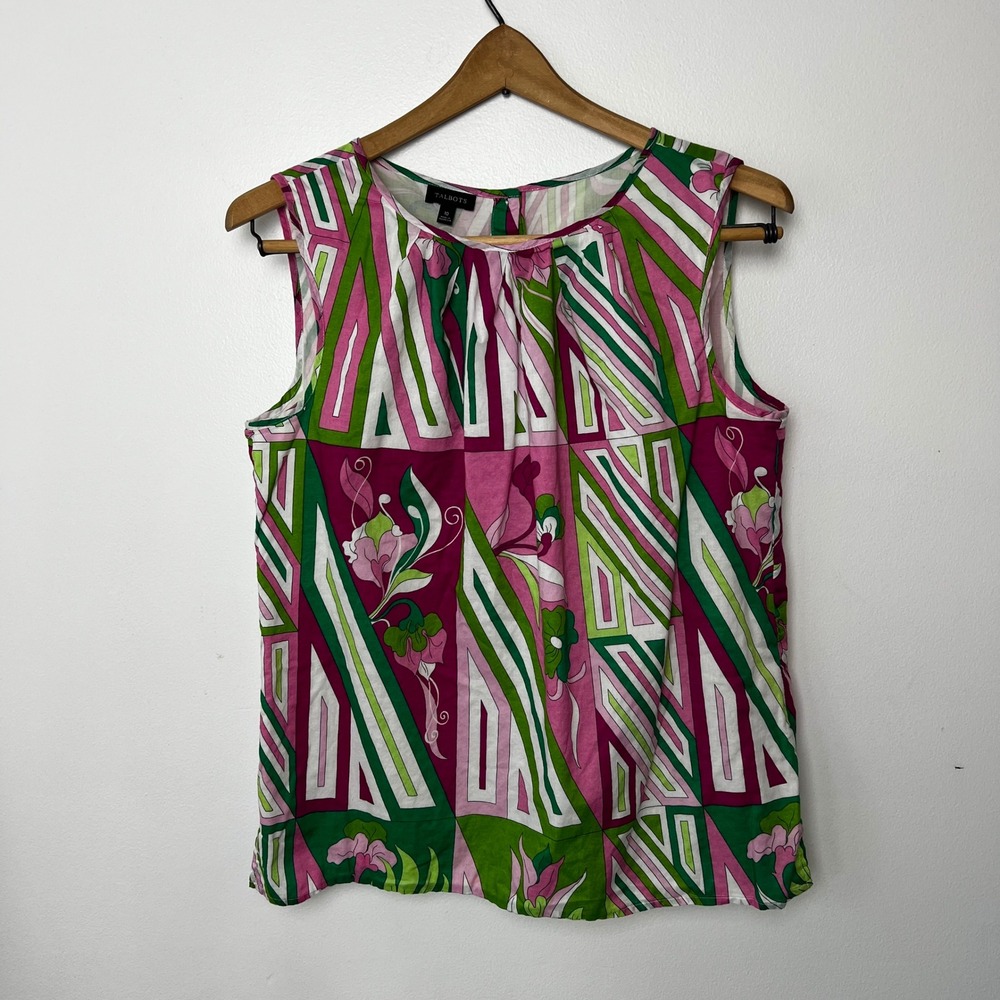 Talbots Womens Pink Green Geometric Floral Cotton Sleeveless Button Back Top 10‎
